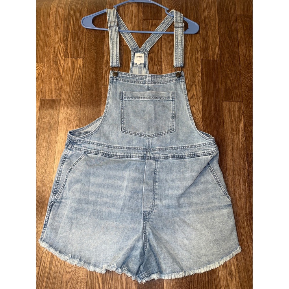 Aerie Light Wash Denim Shortalls Frayed Hem Overalls L 7666773825
